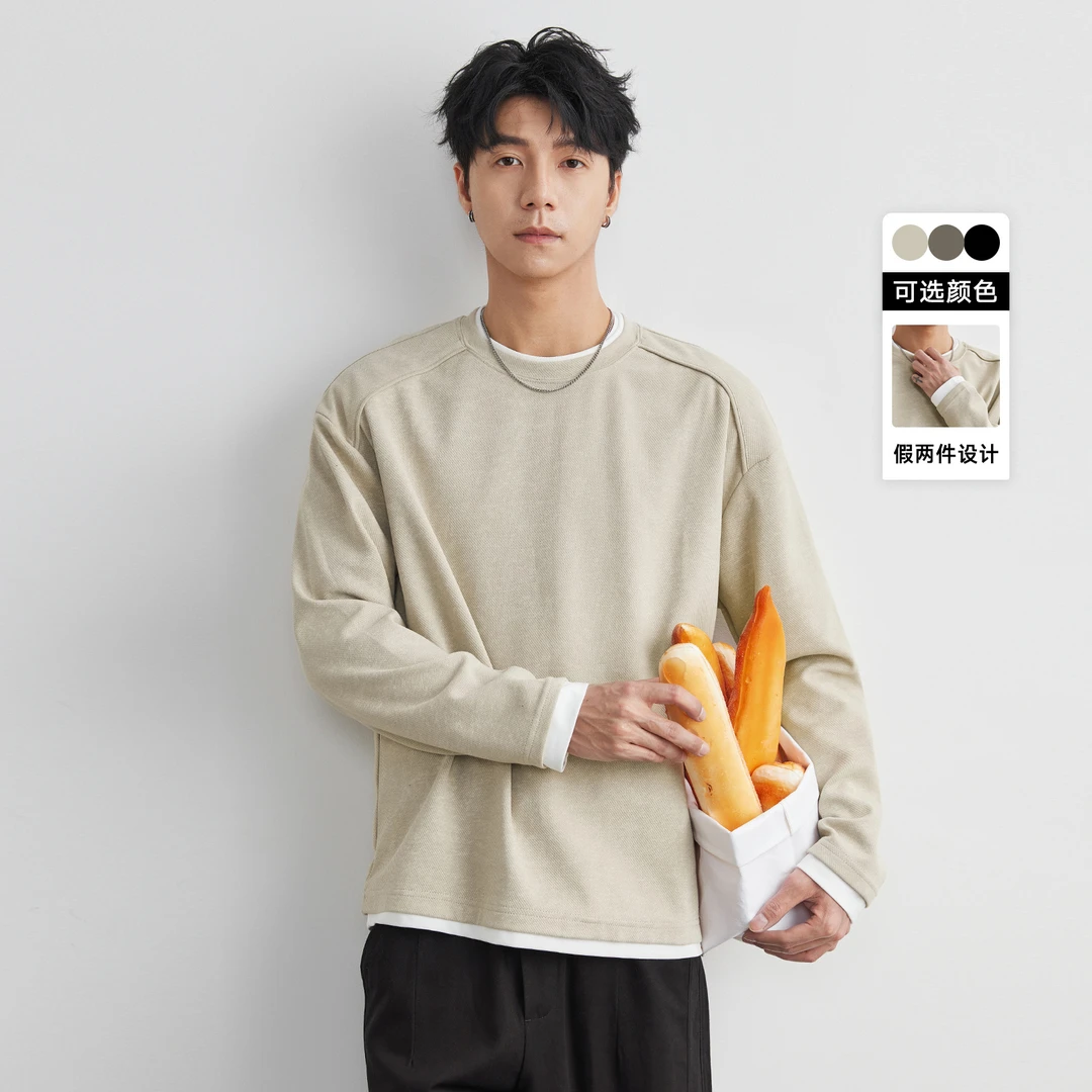 亦止重磅长袖假两件t恤男春秋款美式宽松圆领卫衣潮牌叠穿打底衫
