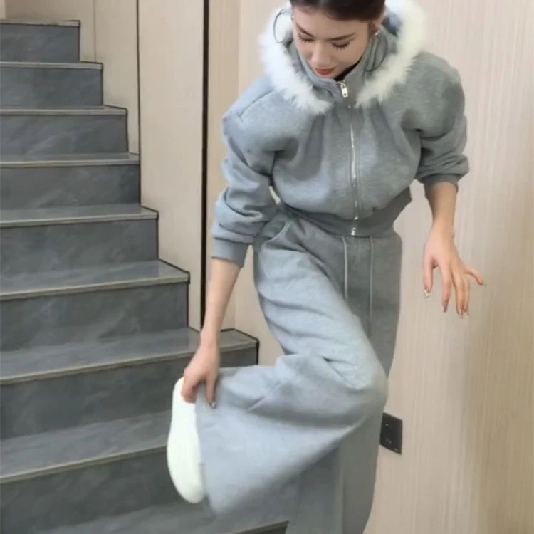 时尚百搭休闲卫衣毛领连帽拉链外套阔腿裤套装秋冬新款