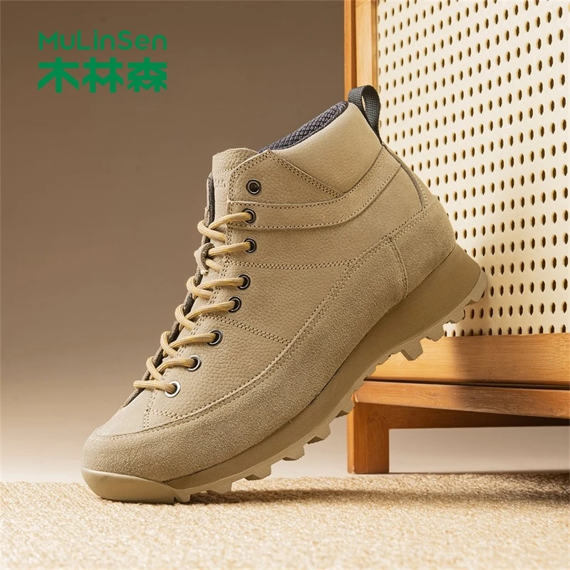 木林森头层牛皮男鞋秋季厚底复古马丁靴男休闲运动户外徒步登山靴
