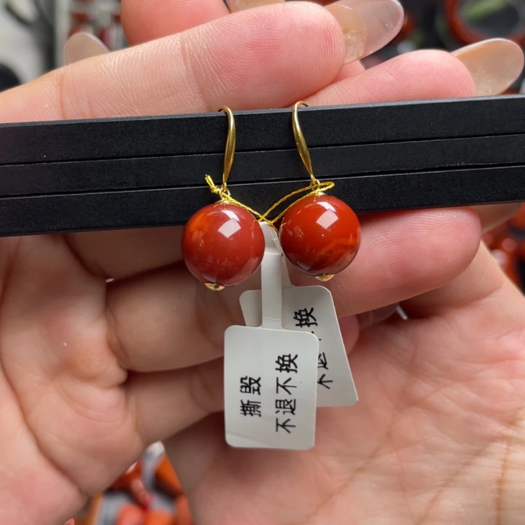 【闪购商品】未镶嵌牛血红圆珠耳坠11mm南红玛瑙珍