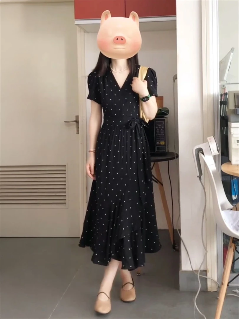 法式黑色碎花长连衣裙赫本风裙子茶歇长裙波点大码显瘦25-555岁夏