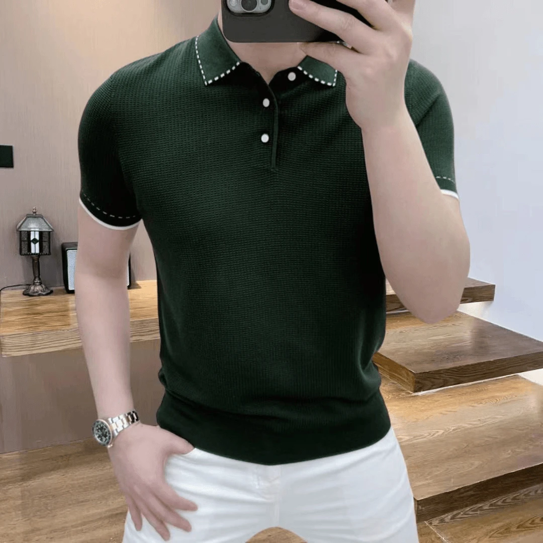 欧货冰丝短袖男士针织T恤Polo半袖上衣服轻奢夏季时尚针织短袖男
