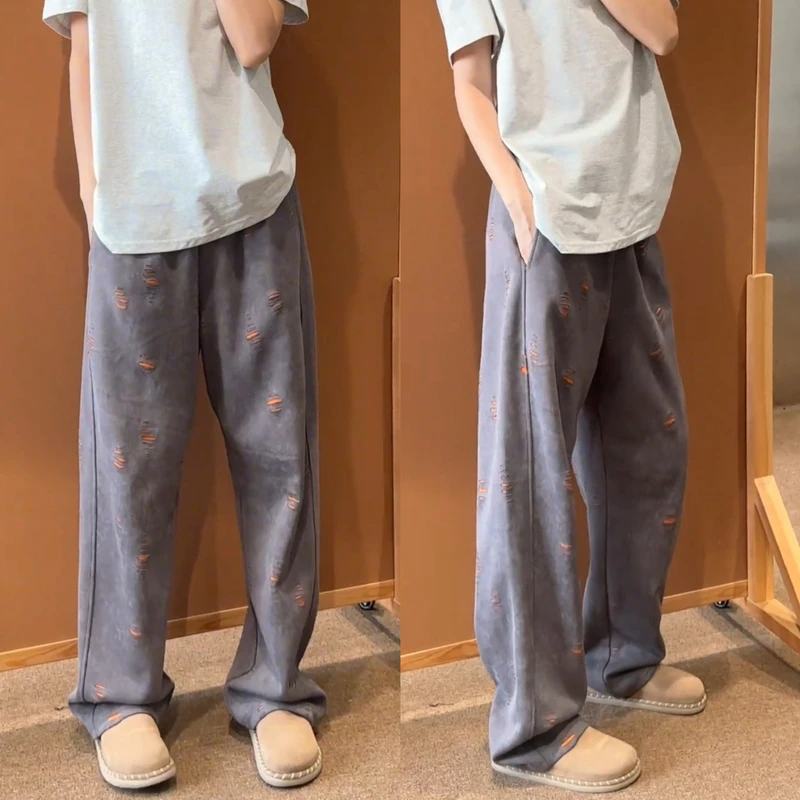 秋季新款潮流割破撞色休闲裤男痞帅时尚小众扎染宽松百搭直筒卫裤