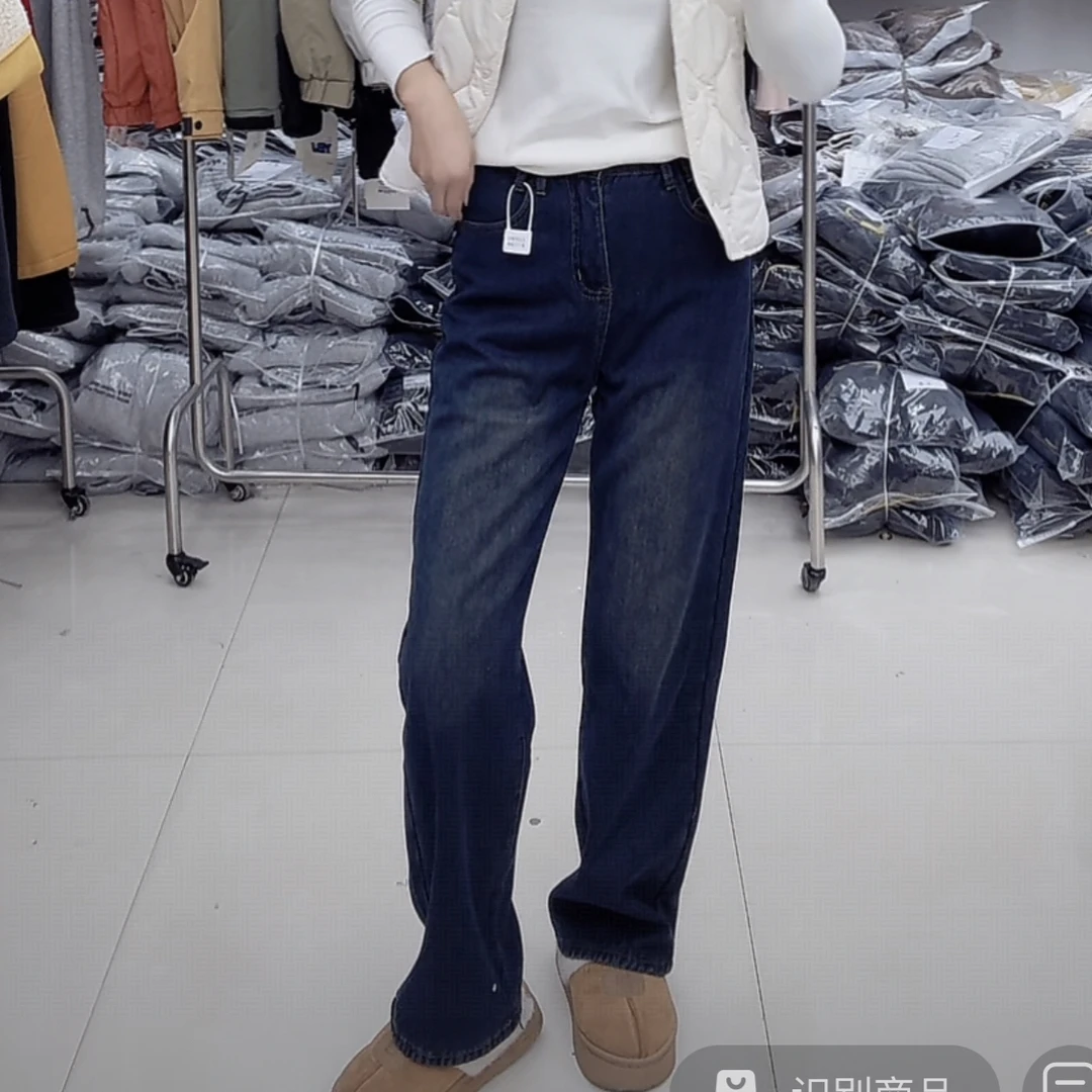 娜娜家加绒加厚复古蓝窄版直筒牛仔裤女3126