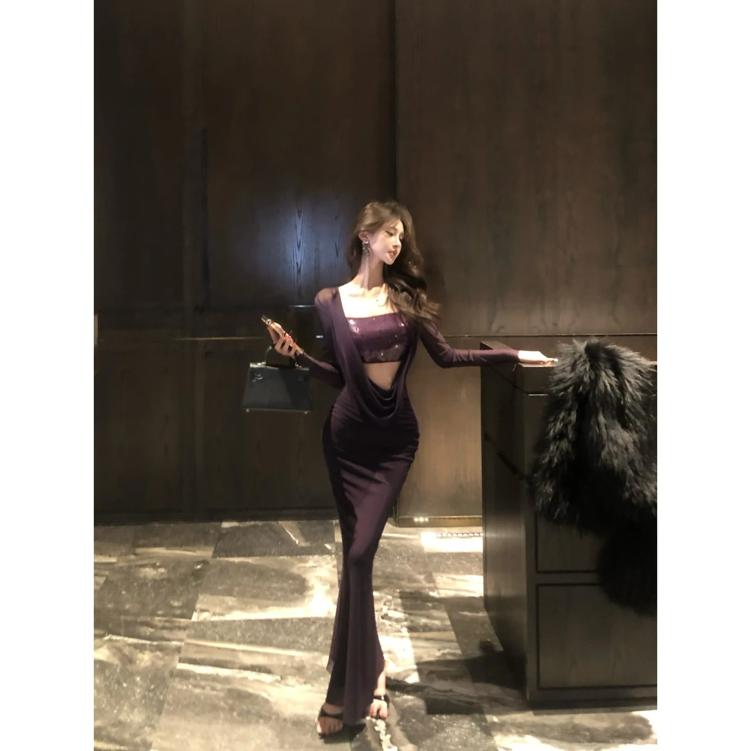 【缪斯女神】2025新款紫色珠片气质抹胸辣妹性感裙-190994