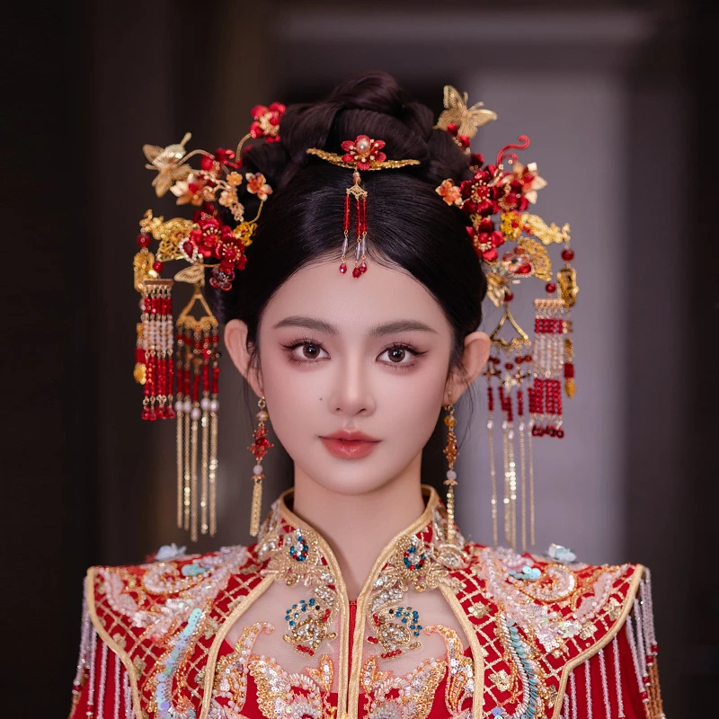 合金婚庆饰品 新娘头饰红色传统花朵蝴蝶簪子秀禾结婚发饰品D0446
