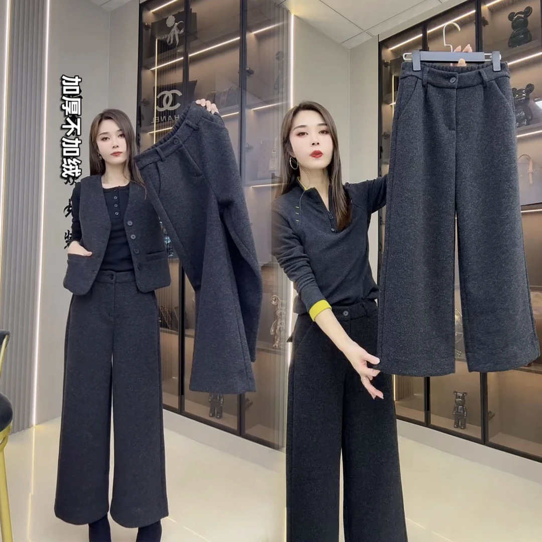 秋冬新款加厚羊绒尼直筒裤高腰宽松九分阔腿裤洋气百搭气质靴裤