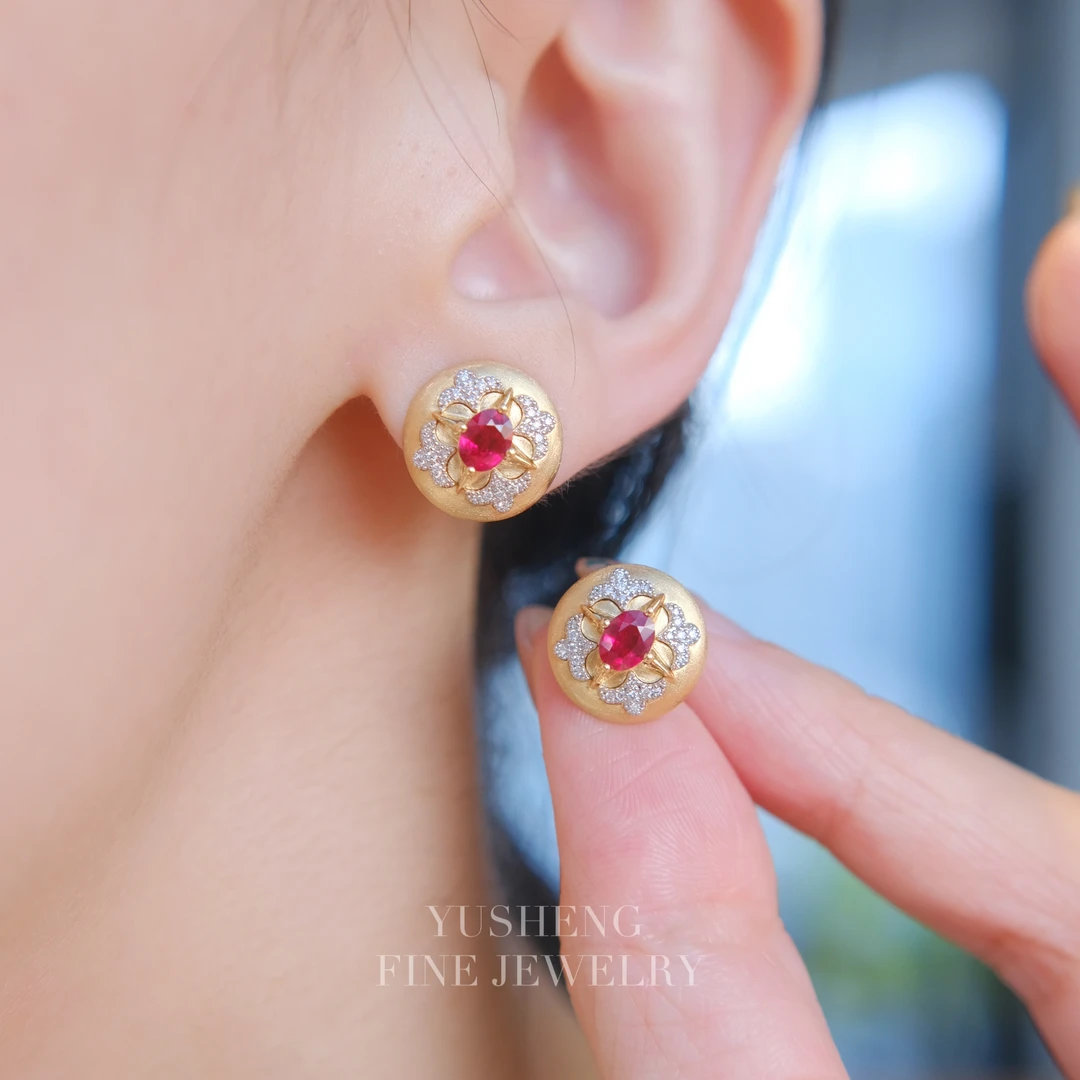 【满月】18K金镶嵌天然红宝石耳饰 0700