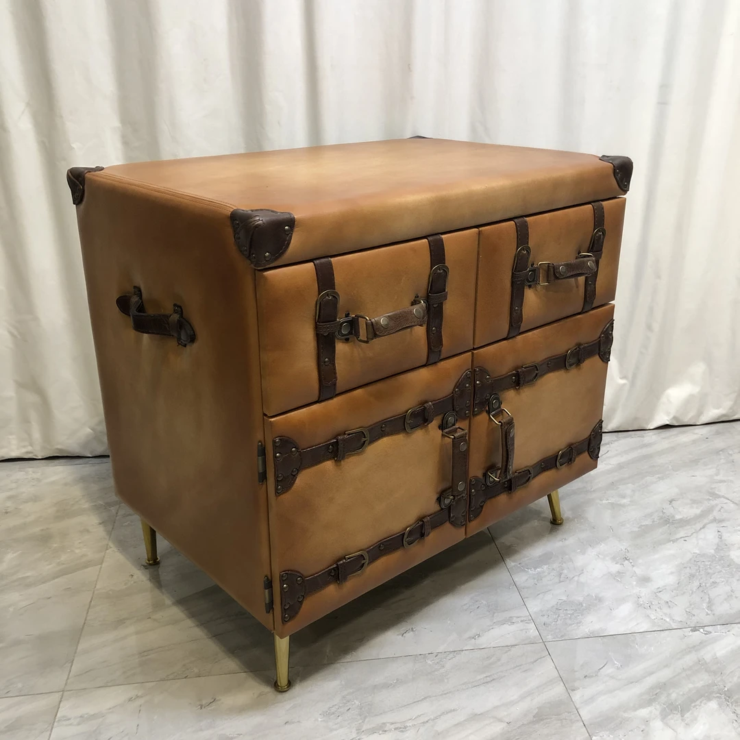 博瑞奇复古头层牛皮边柜二抽双开门储物柜收纳柜客厅玄关柜08994