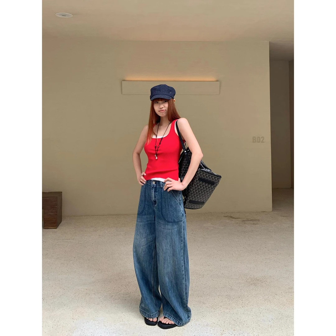 区区欧阳 复古牛仔裤女春季新款高腰直筒拖地长裤宽松阔腿裤裤子