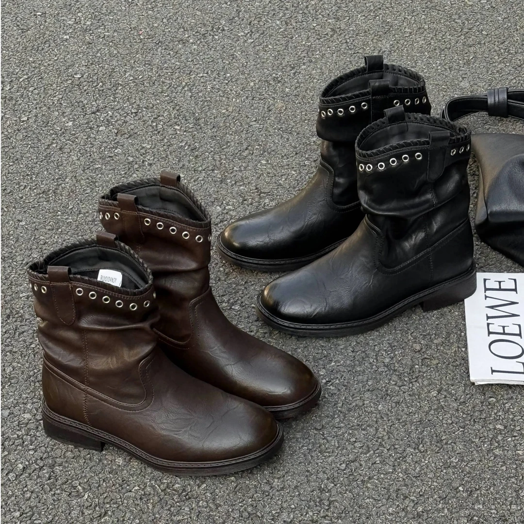 复古褶皱厚底西部靴2025冬季新款时尚切尔西靴时装靴 RQDD 5370-1