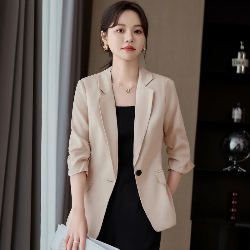 杏色西装外套女士夏季2025新款亚麻韩版修身显瘦气质休闲西服薄款