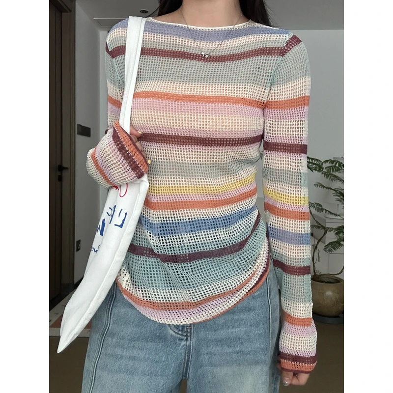 长袖薄款风衫常规毛针织衫女装条纹夏季