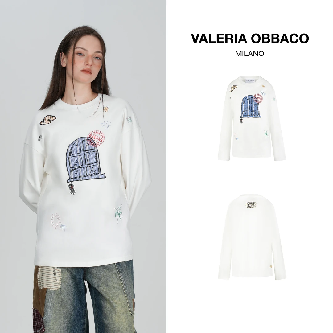 VALERIAOBBACO/瓦莱丽娅 奥贝科VO白色趣味窗户刺绣长袖T恤上衣秋