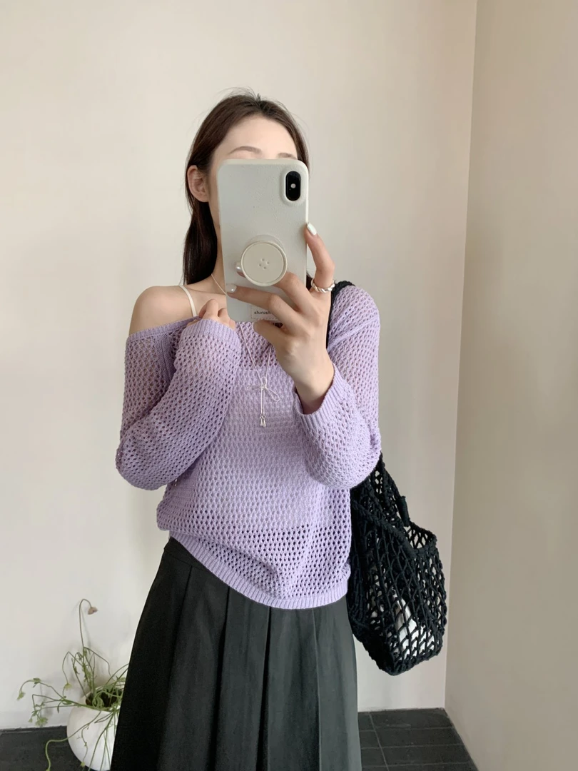 【素简.500116】春款上新天爽亚斜肩设计长袖女装上新针织衫