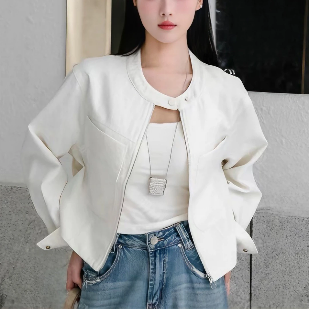 高级感工装夹克短款外套女秋2025新款百搭简约通勤休闲圆领短外套