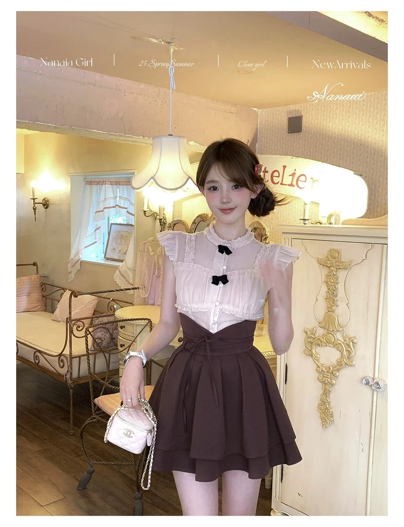 甜水仙 莓莓千金2.0 小飞袖木耳边肌理感纱质雪纺上衣蓬蓬半身裙