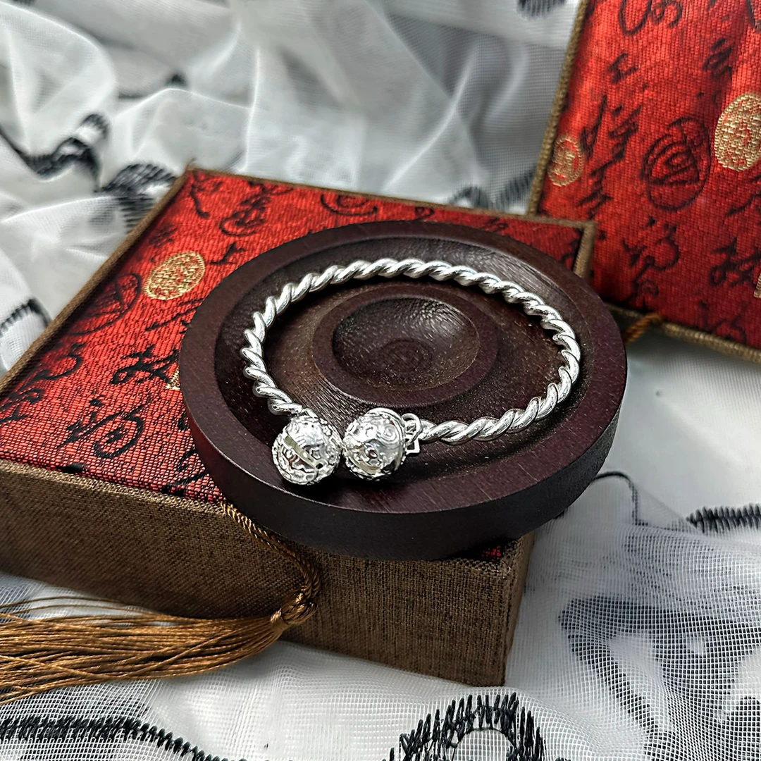 足银手镯 S148 开口麻花铃铛经典百搭手工时尚复古