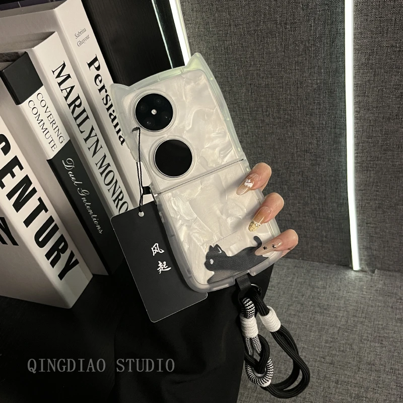 立体猫耳可爱趴趴猫手提绳适用华为pocket2手机壳purax新pockets