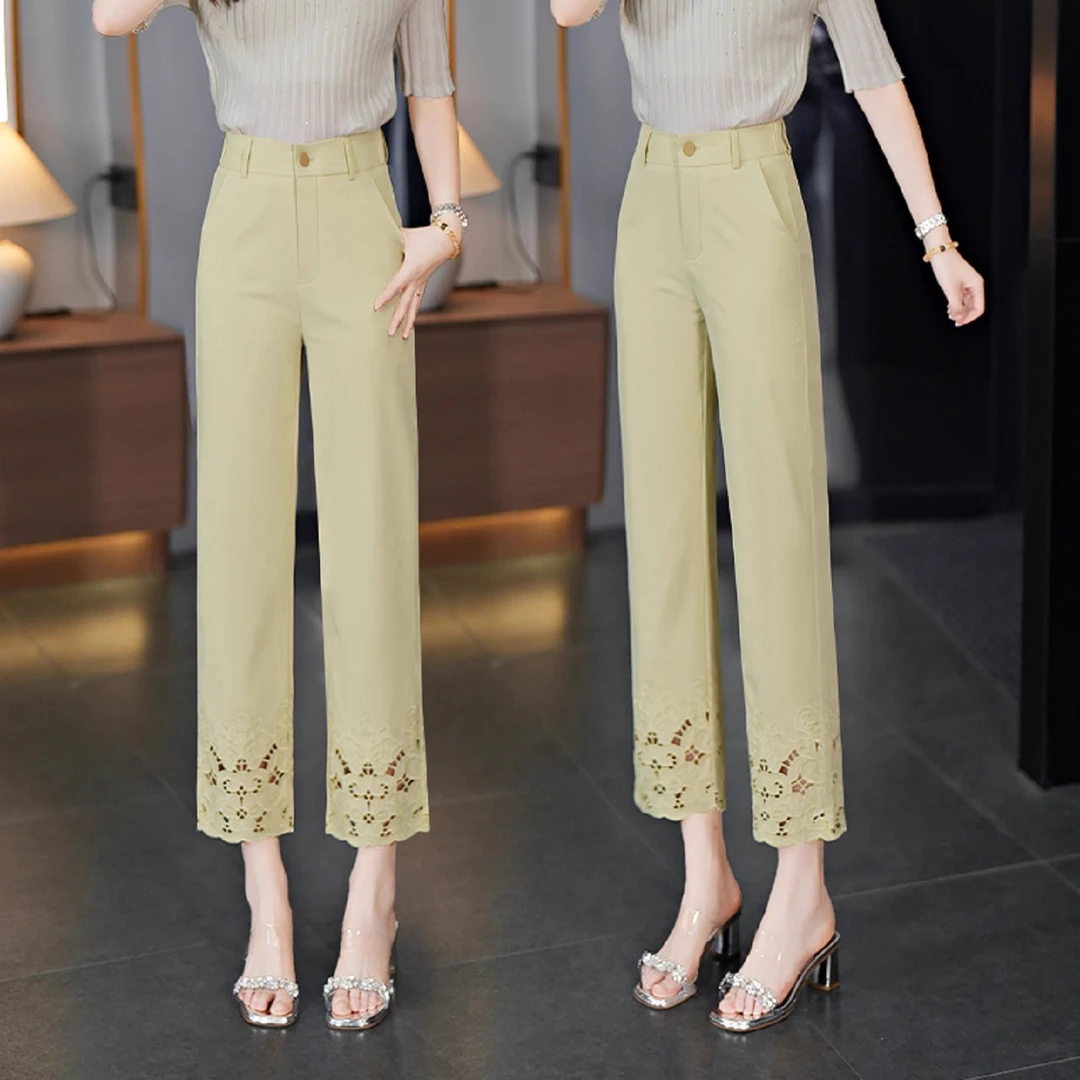 蕾丝花边休闲直筒裤女士夏季薄款2025年新款小个子高腰九分烟管裤