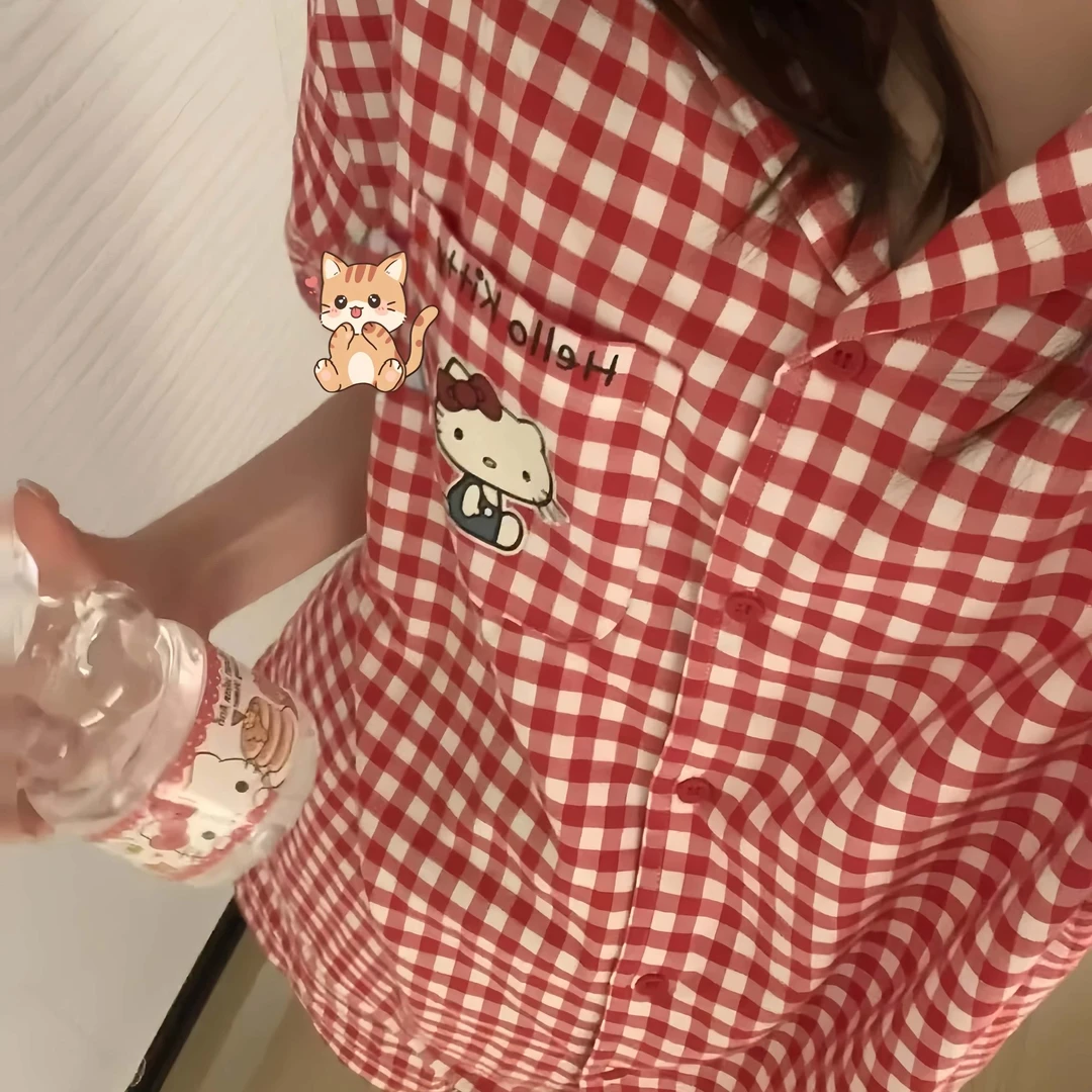 韩版ins风睡衣女夏季短袖三件套宽松可爱格子休闲大码家居服套装