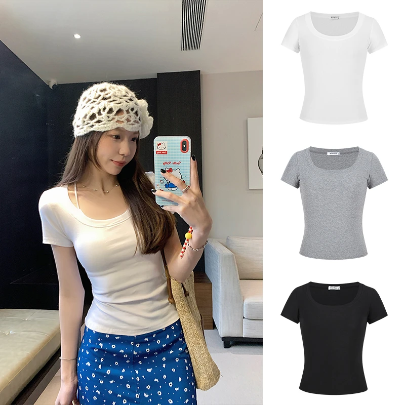 Moses Queen/魔西女王大U领正肩短袖T恤修身基础款辣妹短款上衣