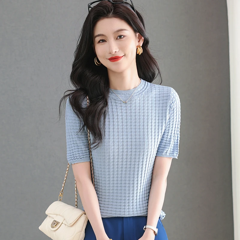 夏季100%天丝莱赛尔纯色亮丝短袖t恤女宽松圆领上衣薄款休闲针织