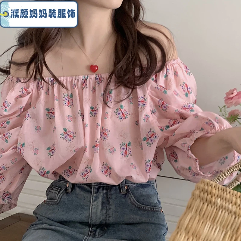 法式一字肩碎花衬衣2024夏季短袖宽松遮肚百搭上衣时尚新款纯色女