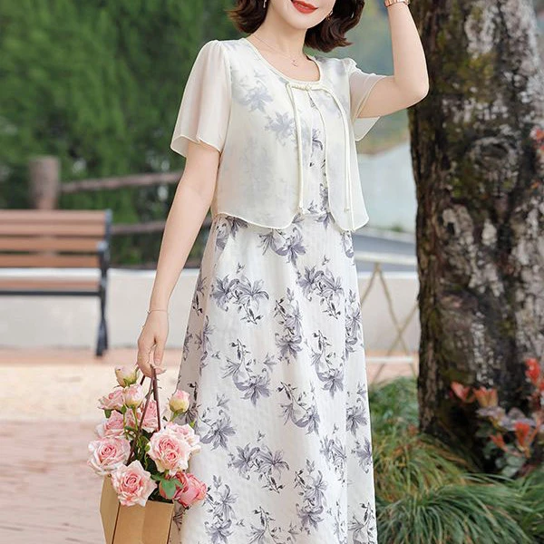 王小鸭2025夏季新款中年妈妈洋气连衣裙女中老年女假两件端庄裙子