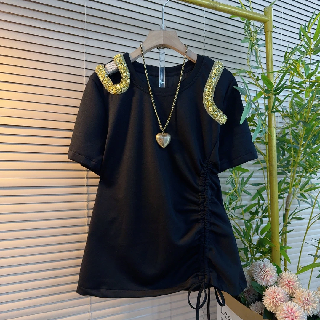 8633胖mm欧货时尚镂空刺绣亮片款抽绳气质显瘦设计感潮流经典短袖