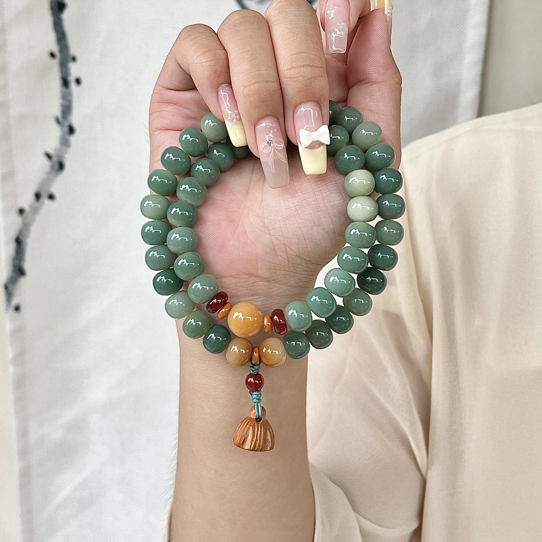 铜合金木质手链直供新品绿阴皮手串直播爆款双圈
