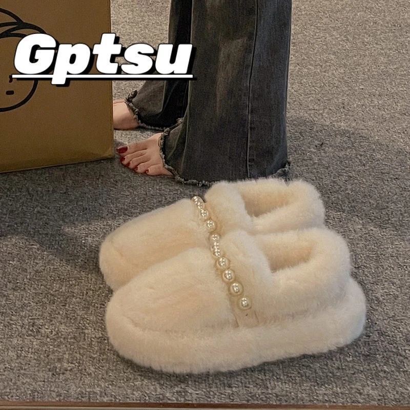 GPTSu厚底白色珍珠一脚蹬毛毛鞋女秋冬加绒外穿新款保暖豆豆棉鞋