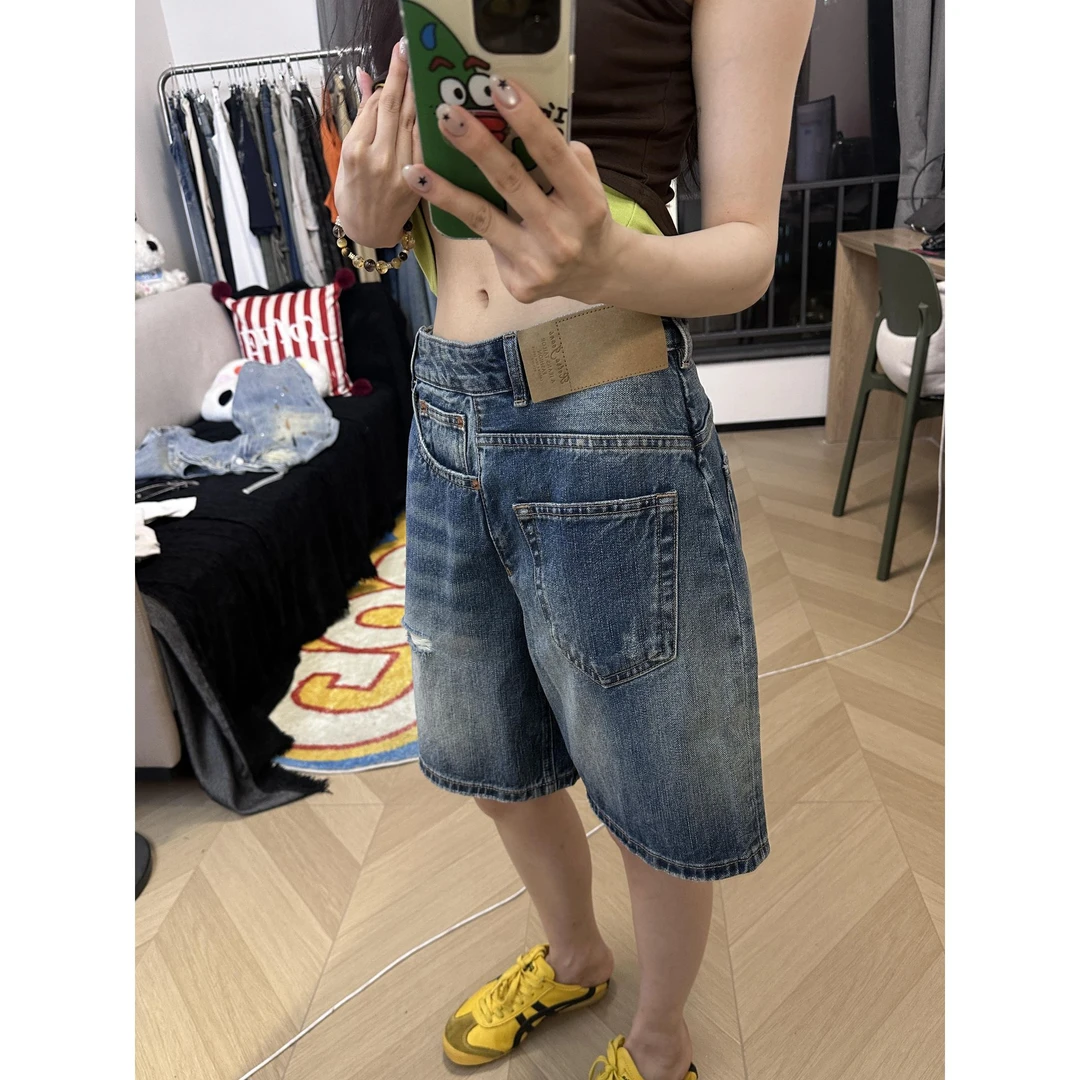 美式破洞牛仔短裤女夏季2025新款设计感显瘦高腰不规则直筒五分裤