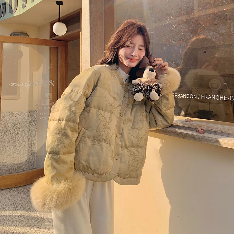 蓝海奕诺新中式国风提花羽绒服外套2024冬季新款加厚宽松气质女装