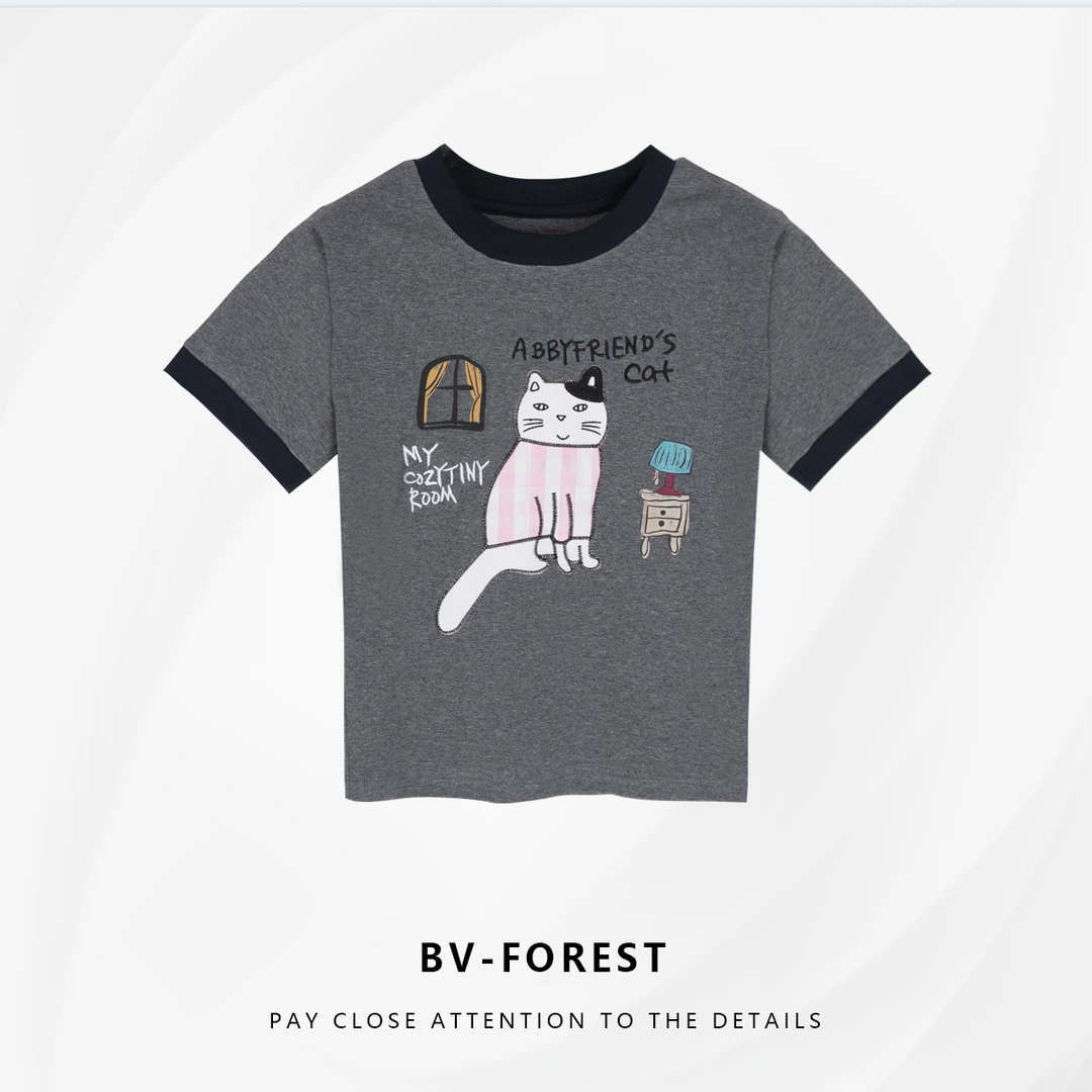 BV-FOREST“云锦春华”时尚百搭修身卡通印花猫咪短袖T恤BV-T075
