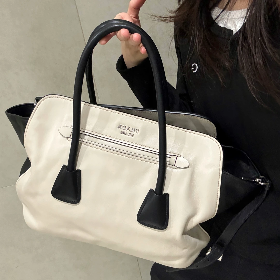 95新 Prada/普拉达 【小考拉】普拉达 奶黑白拼色托特斜挎包