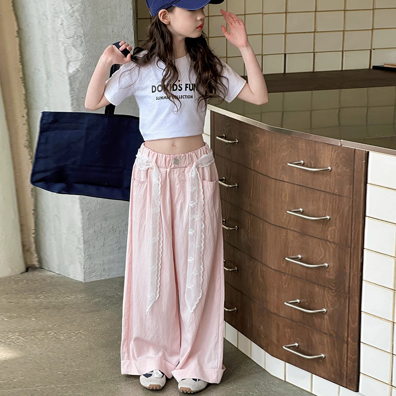 女童中大潮款春夏新款多巴胺风洋气时髦韩系阔腿裤蕾丝系带山本裤
