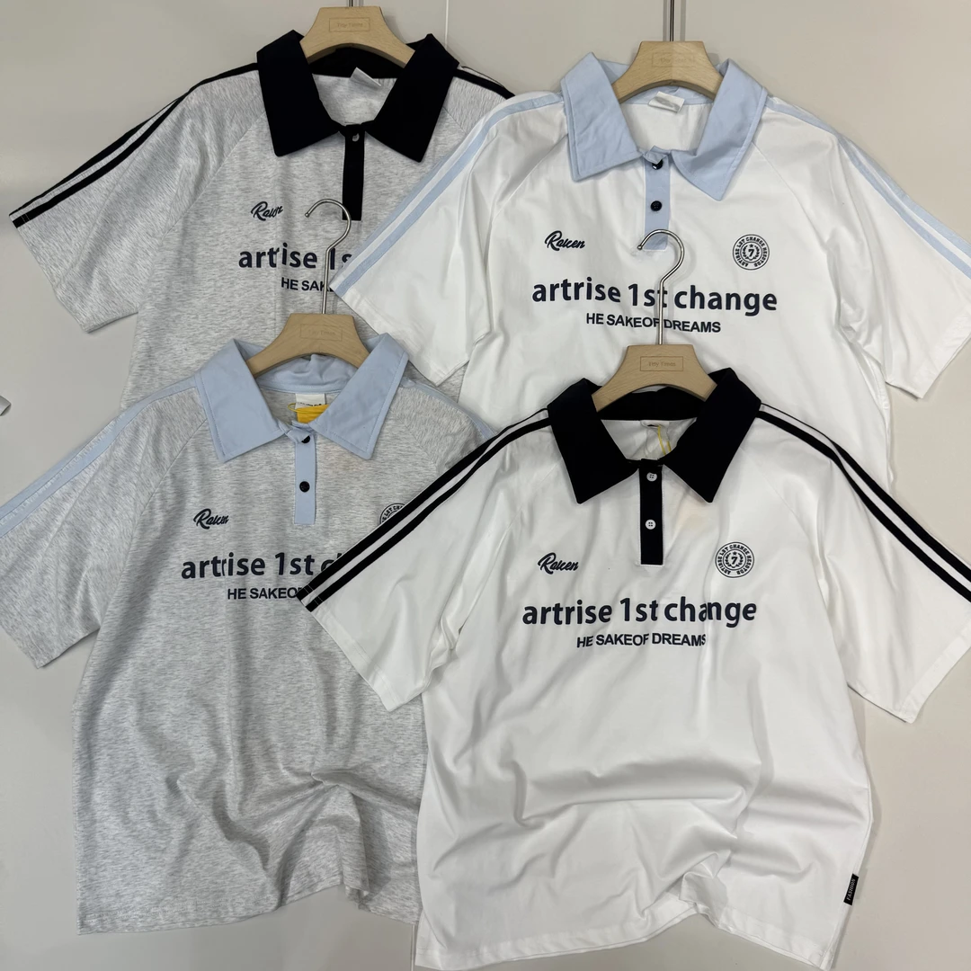 【坦姐严选 实体品质】夏季休闲翻领拼色休闲运动上衣9307