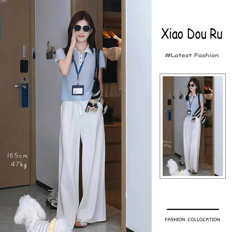 夏季流行穿搭一整套新款2025韩系时尚洋气显瘦polo衫阔腿裤两件套