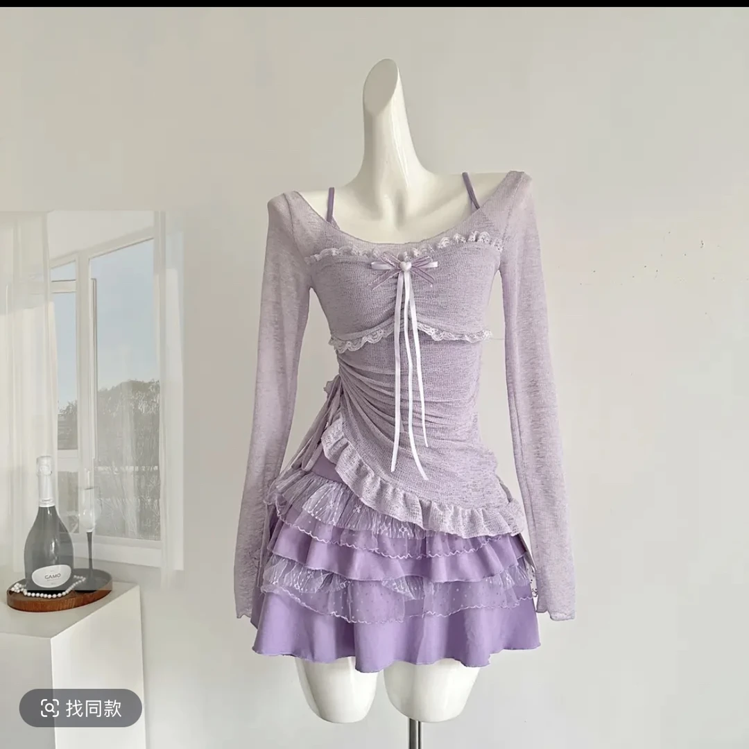 芋泥紫纯欲风甜辣显瘦夏季蕾丝吊带约会上衣蛋糕连衣裙罩衫两件套