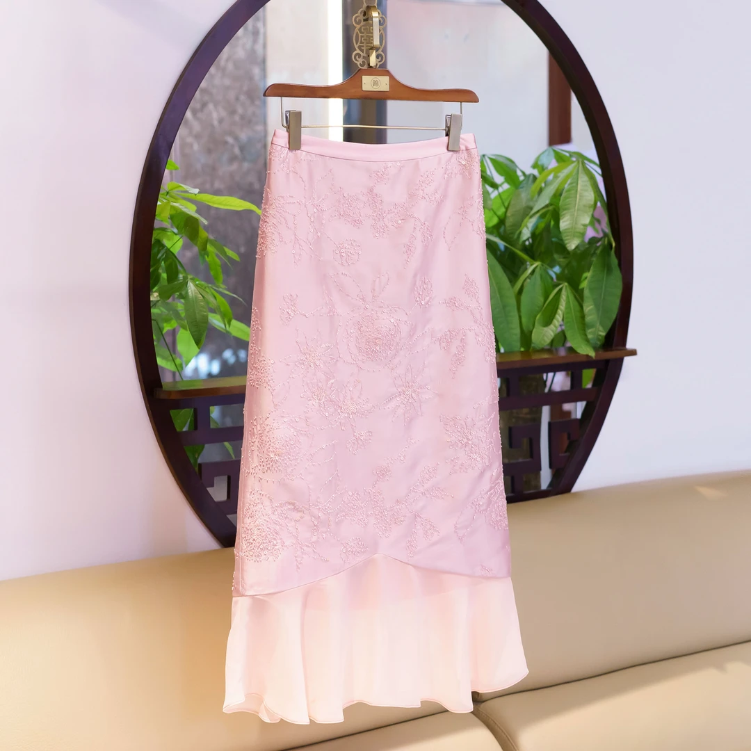 【锦系~新款】丝涤拼雪纺新中式国风桑蚕丝后松紧腰半裙-Q-382521