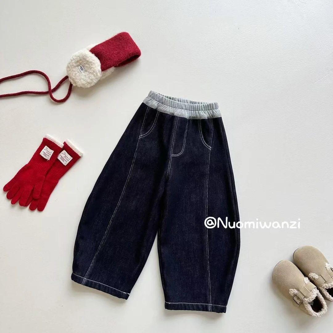 丸子十【现货】儿童韩系软糯腰头拼接加绒牛仔裤（冬款）WZJ-54078