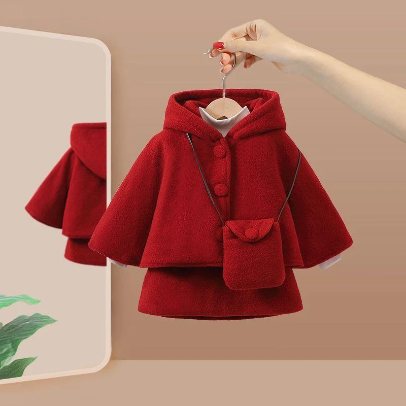 高质量女童套装加绒2024新款洋气宝宝加厚儿童拜年服斗篷公主裙周