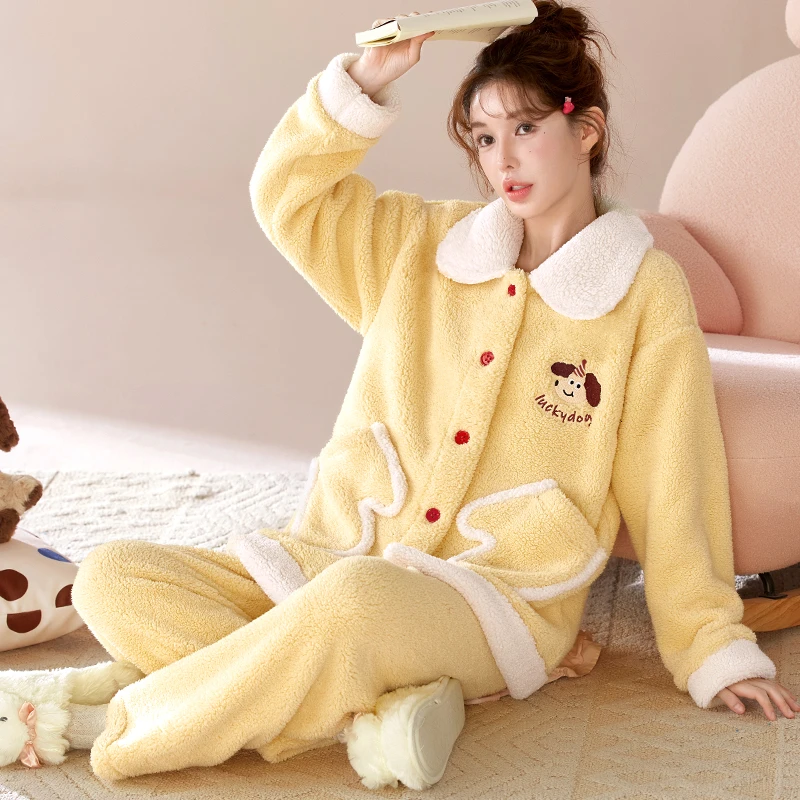 【莎粒绒】新款秋冬可外穿法兰绒家居服学生套装女士暖绒保暖睡衣