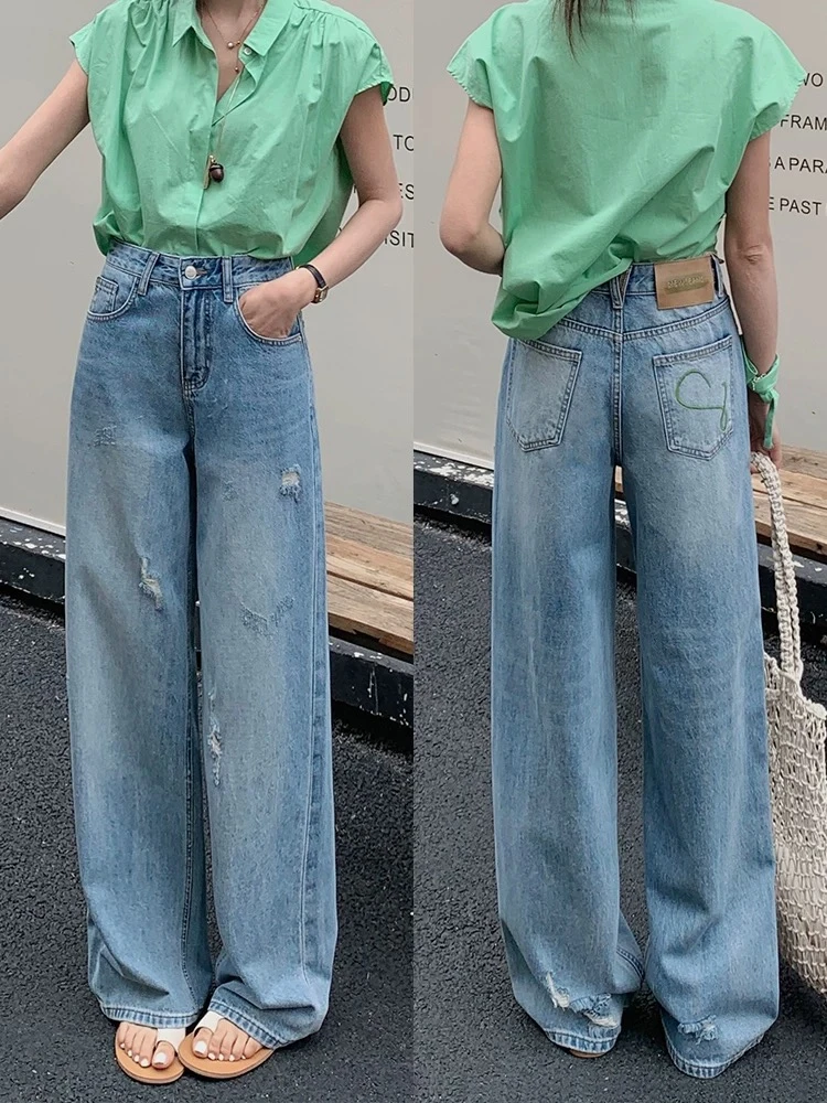391-春夏新款欧货宽松破洞直筒牛仔裤女百搭显瘦拖地窄版阔腿裤