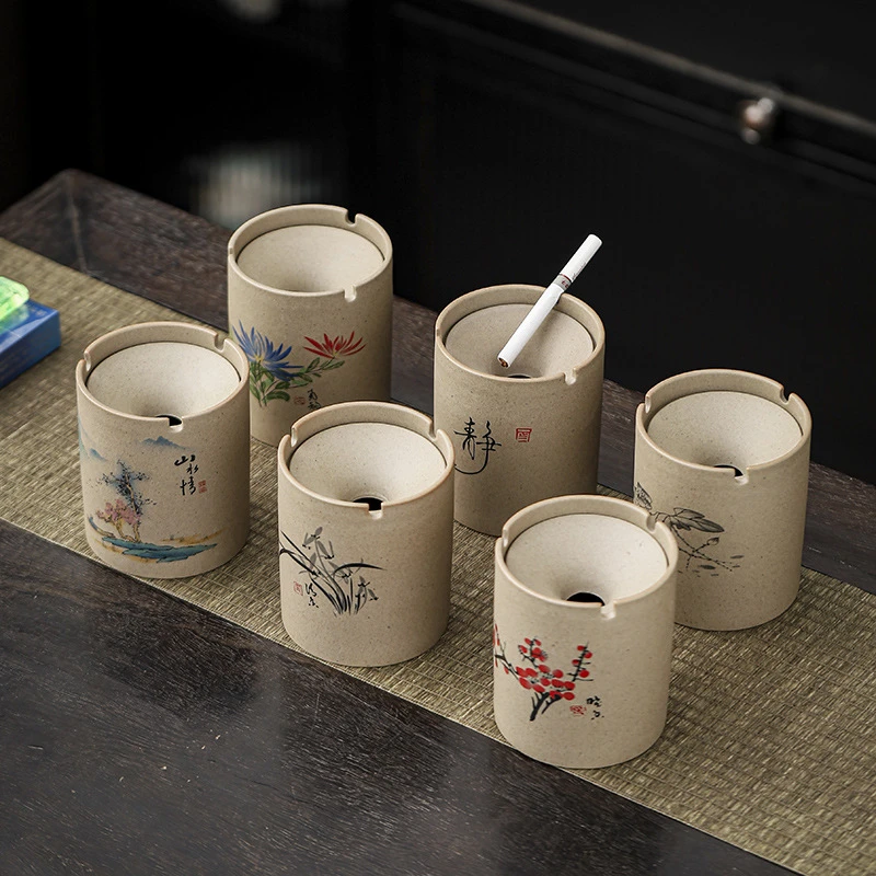 粗陶复古带盖陶瓷烟灰缸粗陶简约家用办公客厅烟缸