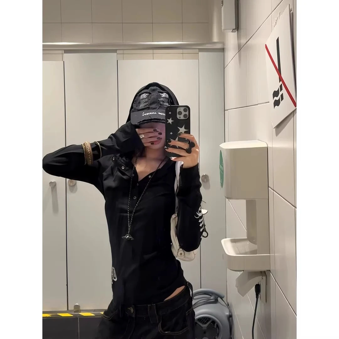 美式朋克长袖连帽T恤哥特风微透防晒罩衫修身薄款上衣女辣妹夏潮
