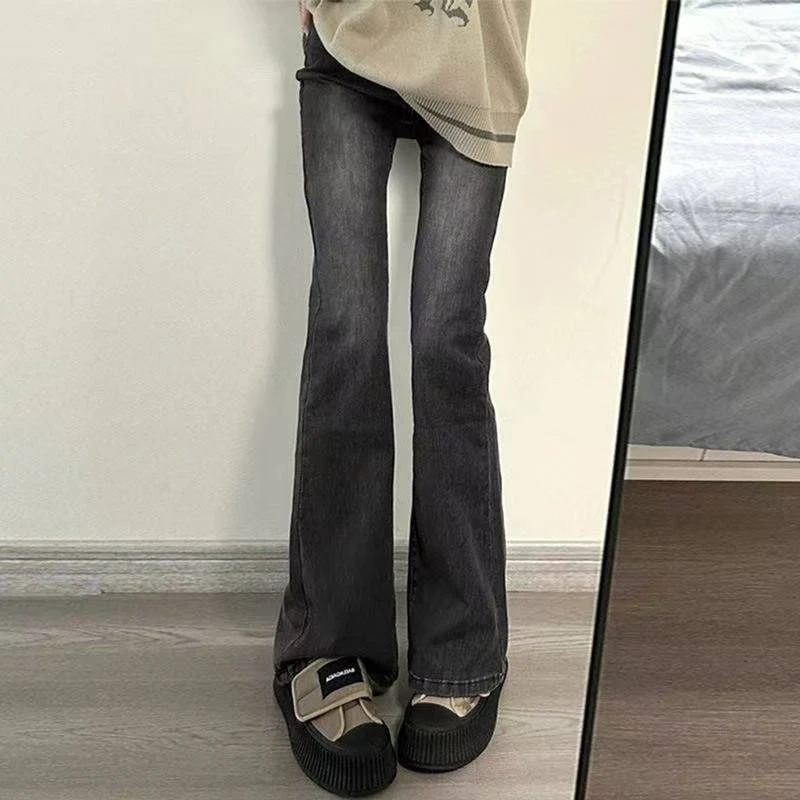 早春款黑灰马蹄时尚弹力直筒拖地美式牛仔微喇裤