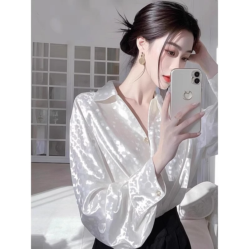 国风白色提花缎面长袖衬衫女春季新中式设计感独特别致超好看上衣