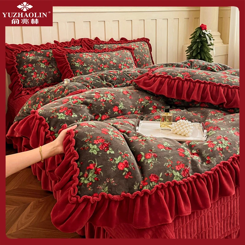 俞兆林法式复古大花边10-11斤牛奶绒床上四件套床盖冬季加宽花边